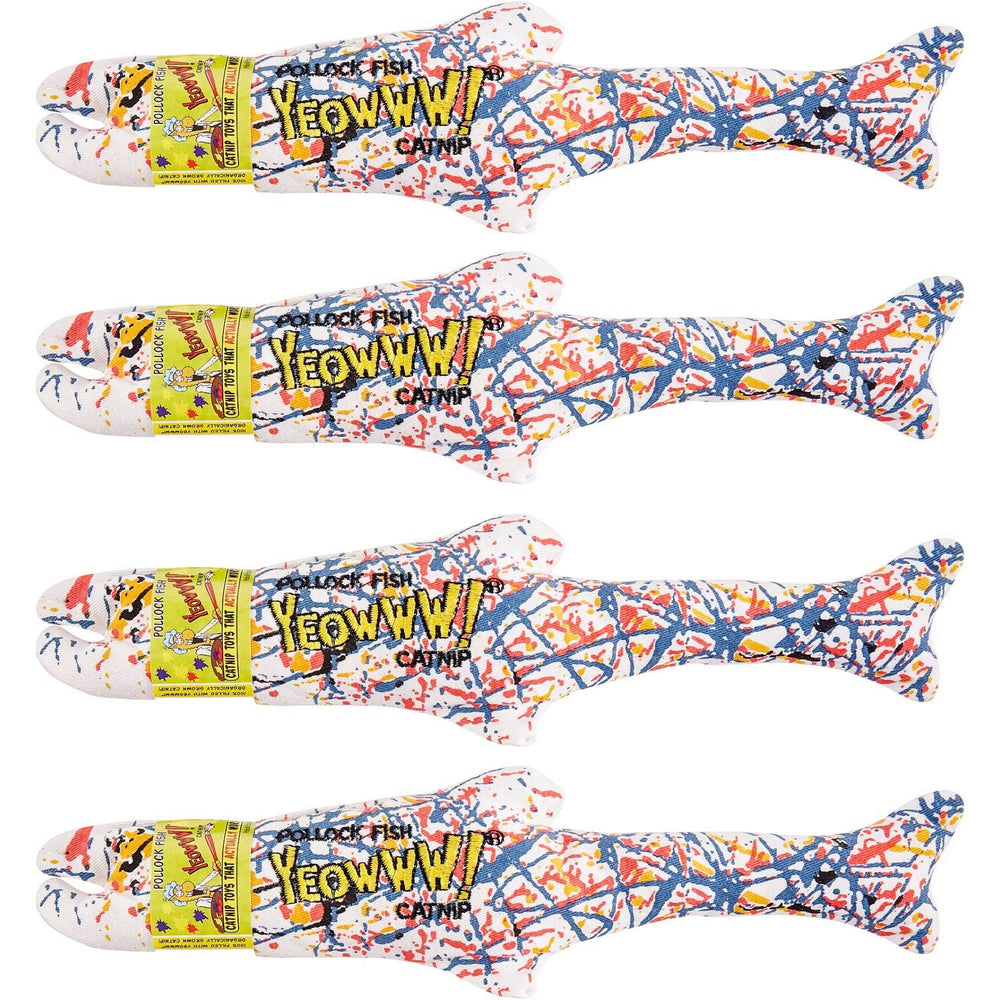Yeowww Pollock Fish toy shows vibrant leaves and 100% organic catnip for active play.