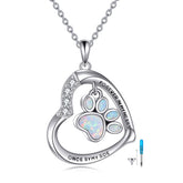 YFN paw urn necklace closeup with paw design and silver gleam.