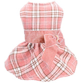 Yikeyo fleece-lined plaid dog dress pink with bow-knot, cozy warmth for chilly days