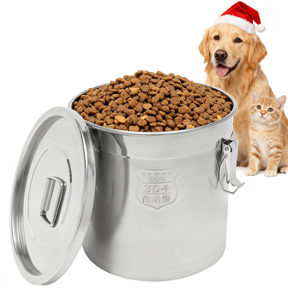 YinCukiEle stainless steel dog food container front view showing large bulk storage capability.