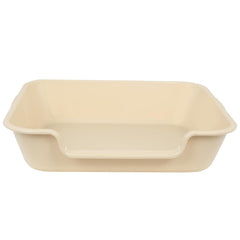 Ying Tutu extra-large litter box in beach sand, side profile highlighting low-entry design for mobility.