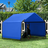Yokaniwa dog shade shelter blue frame outdoors provides cooling shade.