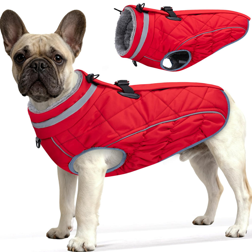 Yoochee dog coat front view shows warm fleece lining and snug waterproof fit.