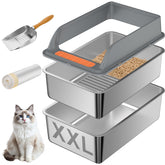 Yoochee stainless steel sifting litter box with lid demonstrates durable design and odor control.
