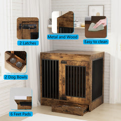 yookare rustic brown crate interior with removable bowls for easy feeding