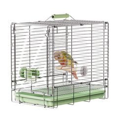 YOOSO WING green bird travel cage closed view showing sturdy stainless steel