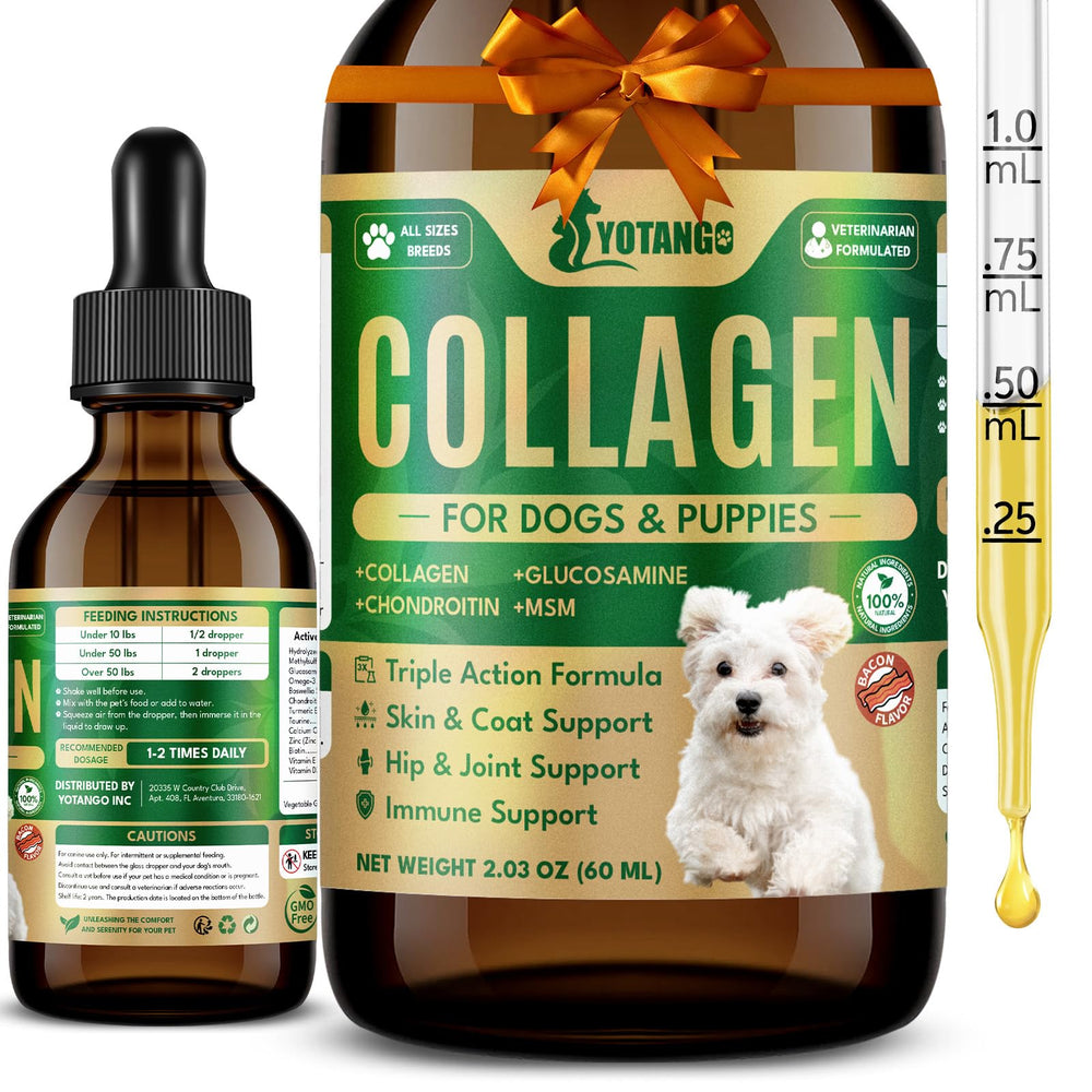 YOTANGO liquid collagen for dogs bottle with bacon flavor for joint and coat support