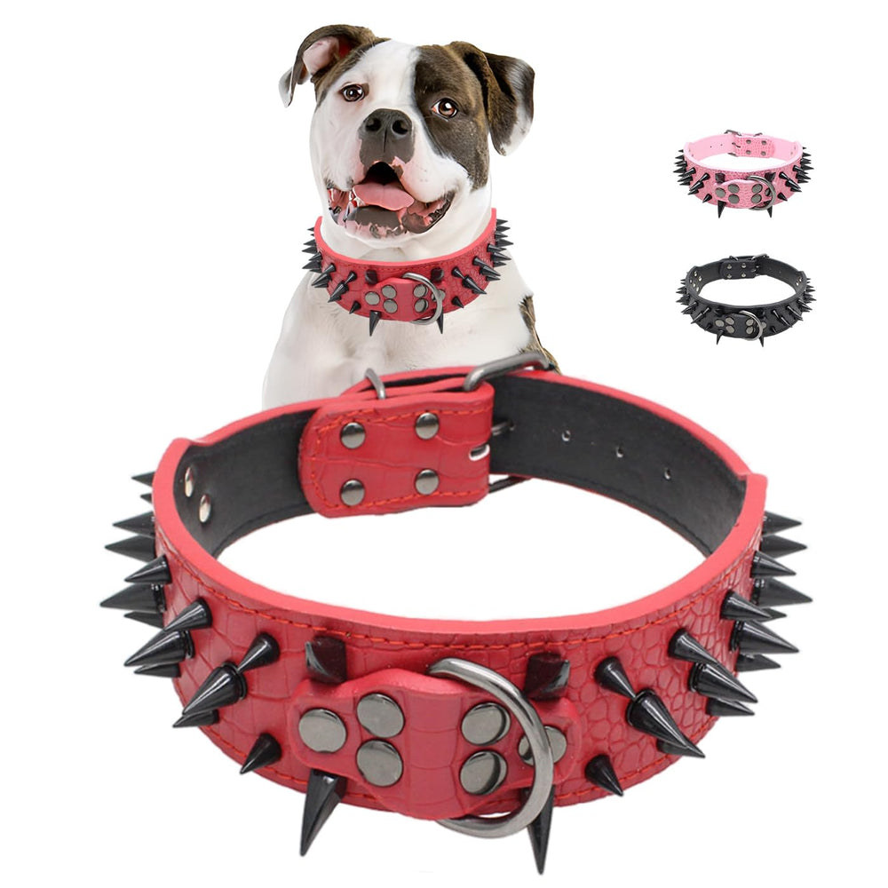 YOUALSO spiked collar red 2in wide front view highlighting durable design for daily wear