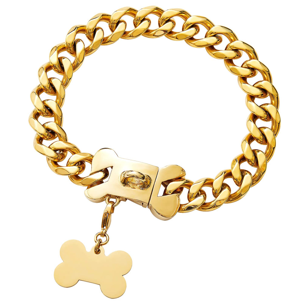Yowity strong stainless steel gold dog collar front view showcasing durability and style