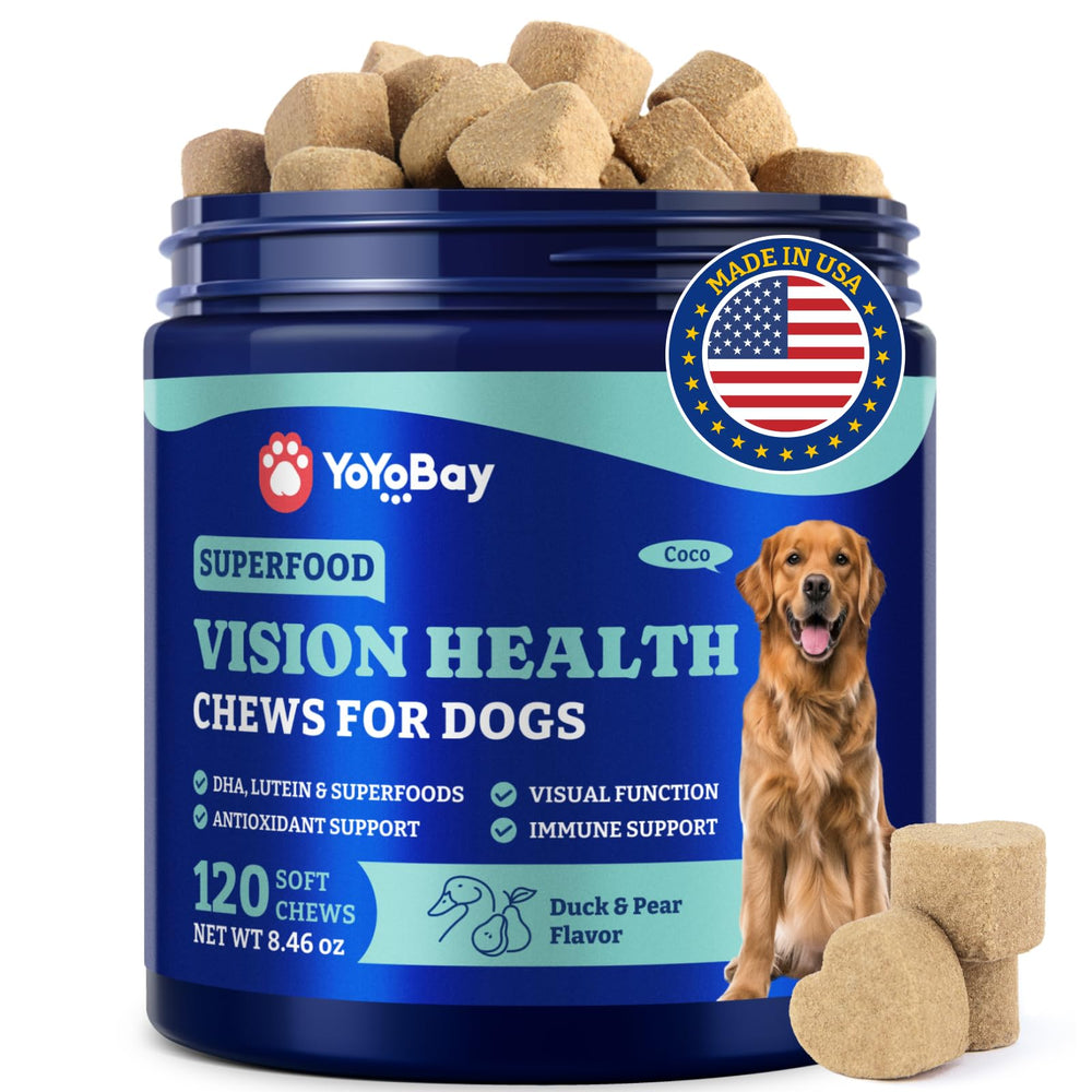 YoYoBay Eye Supplement bottle with soft chews for dogs supports eye health and vitality.