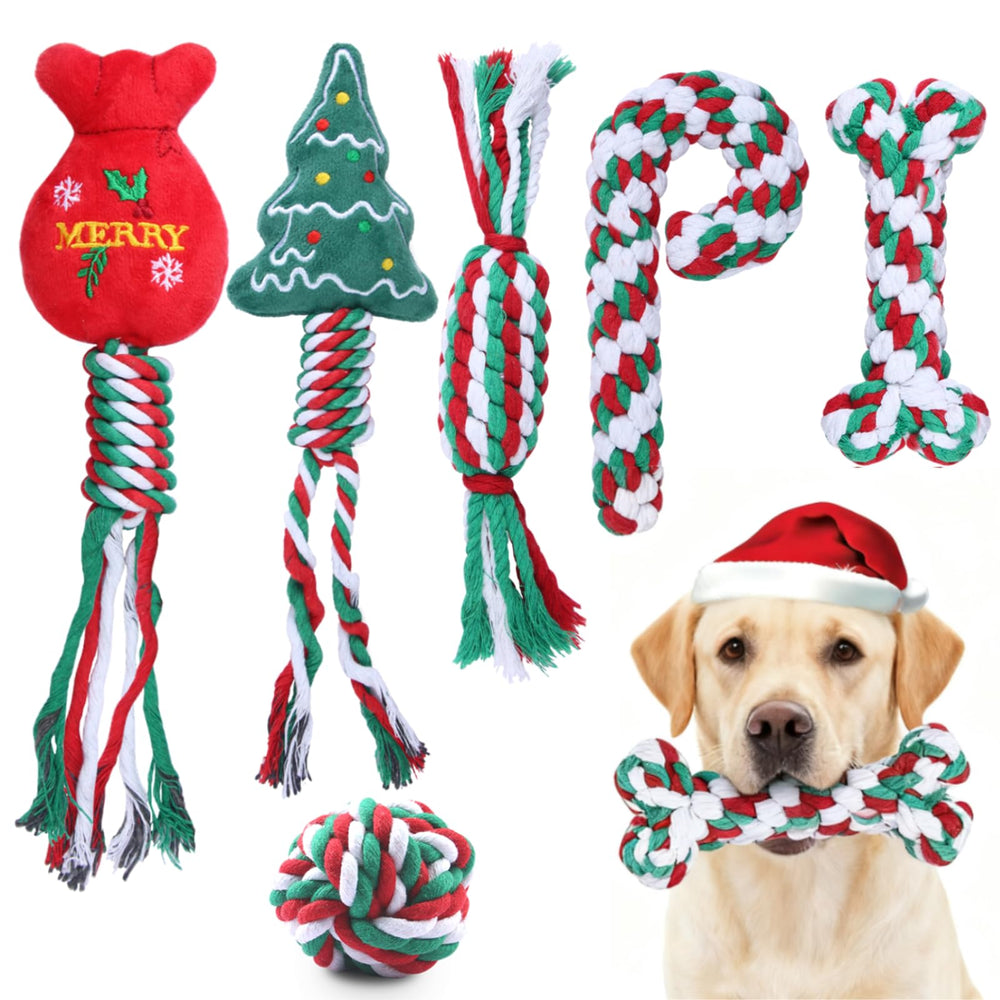 Yteseery Christmas dog rope toy set 6-pack features festive play and dental-safe chewing.