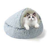 YUDANSI calming cat bed front view shows plush hooded cave for secure nesting.