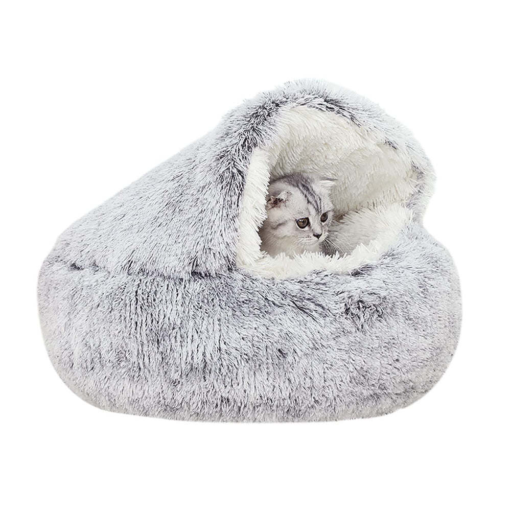 YUDANSI cat bed hooded gray plush nest offers secure, anti-anxiety lounging for small pets.