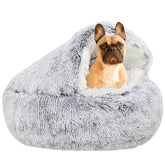 YUDANSI hooded small dog bed gray front view for cozy nesting and security