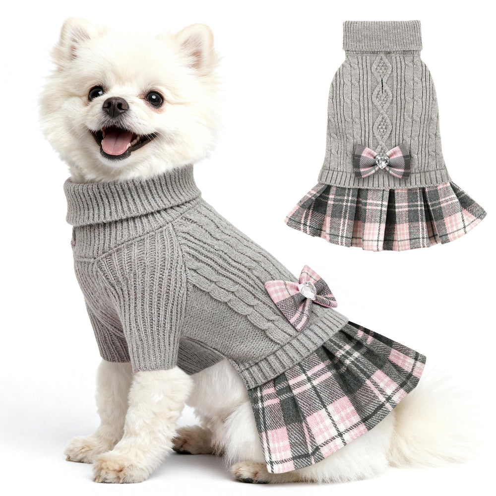 YUDODO dog sweater dress with bowtie gray front view for cozy winter warmth.