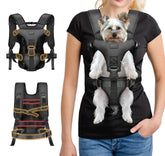 YUDODO front pet carrier backpack with a small dog during an urban walk.