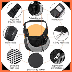 YUDODO pet sling carrier gray safety buckle emphasizes escape prevention during outings.