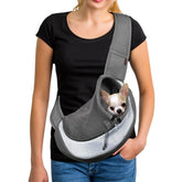 YUDODO pet sling carrier gray side view showing hands-free comfort for small pets