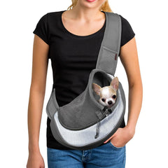 YUDODO pet sling carrier gray side view showing hands-free comfort for small pets