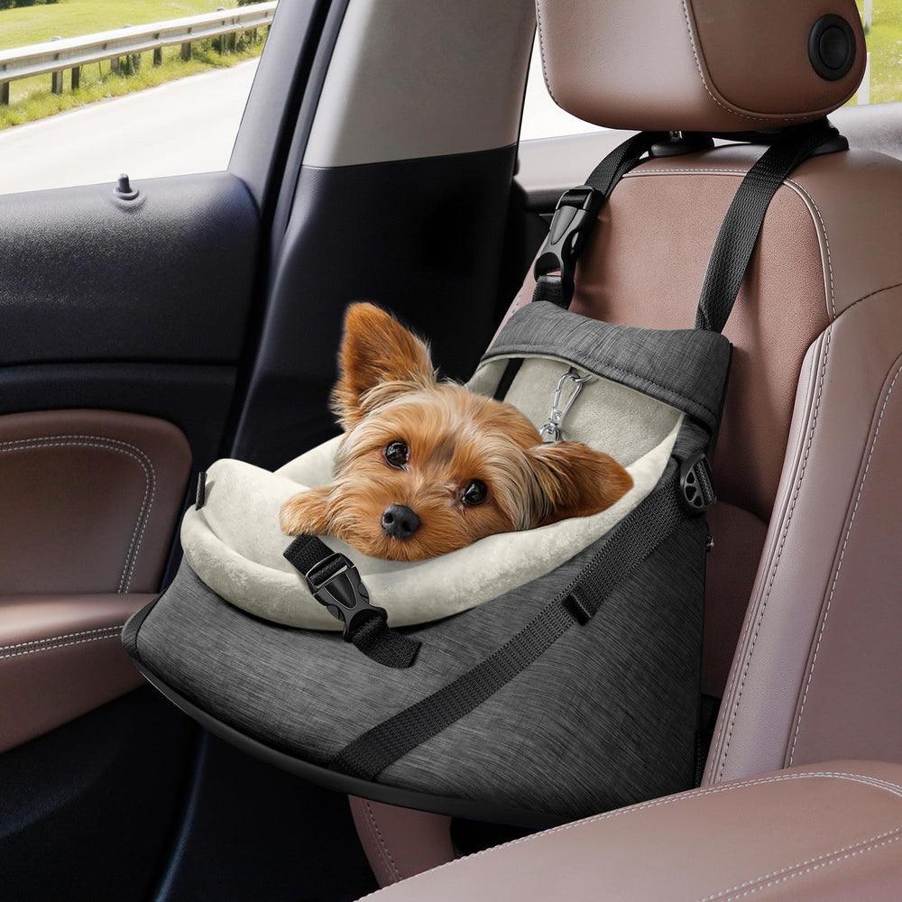 YUDODO small dog car seat gray front view helps safer road trips and easier pet visibility