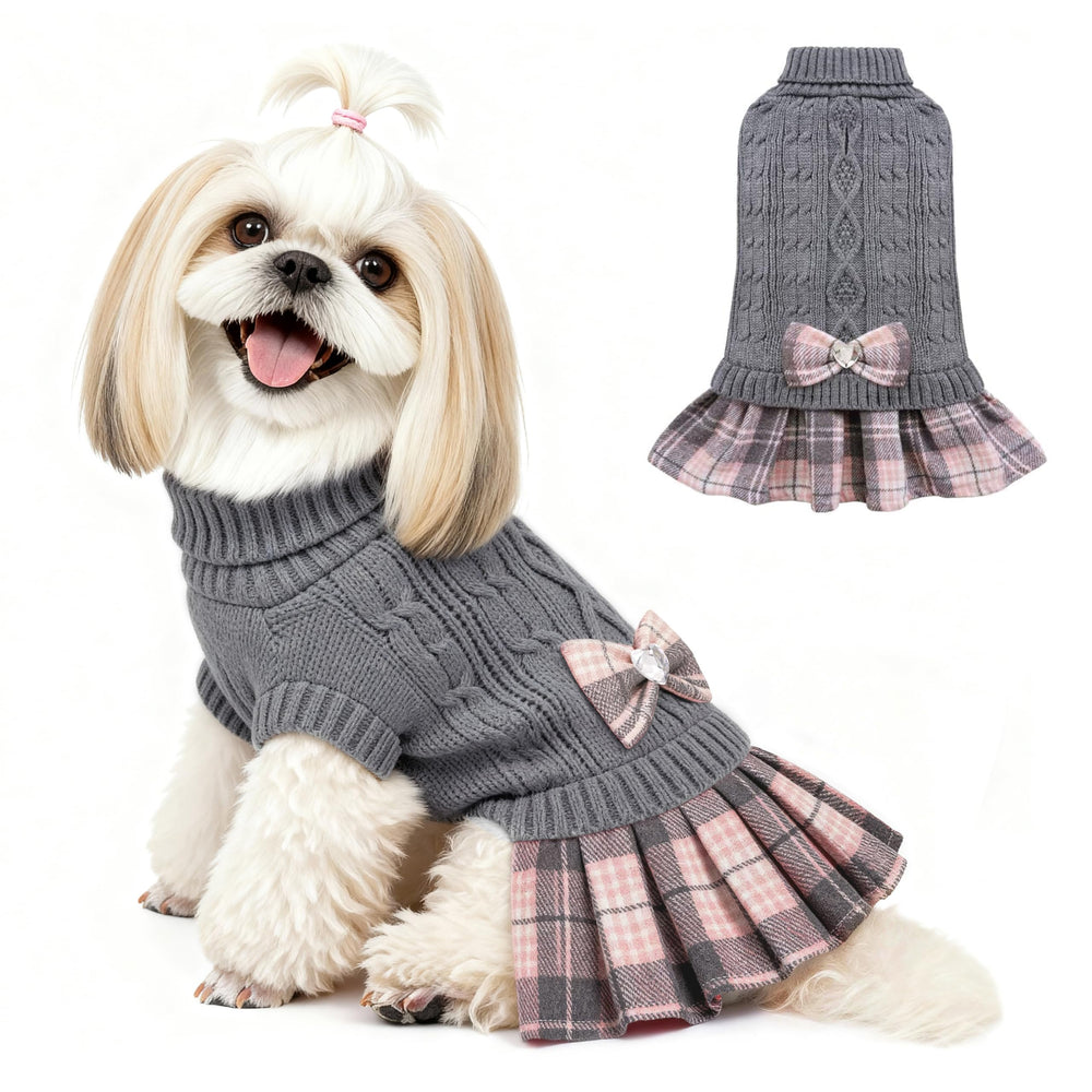 YUDODO small dog sweater dress bowtie front view showing warm knit and bow detail for winter walks