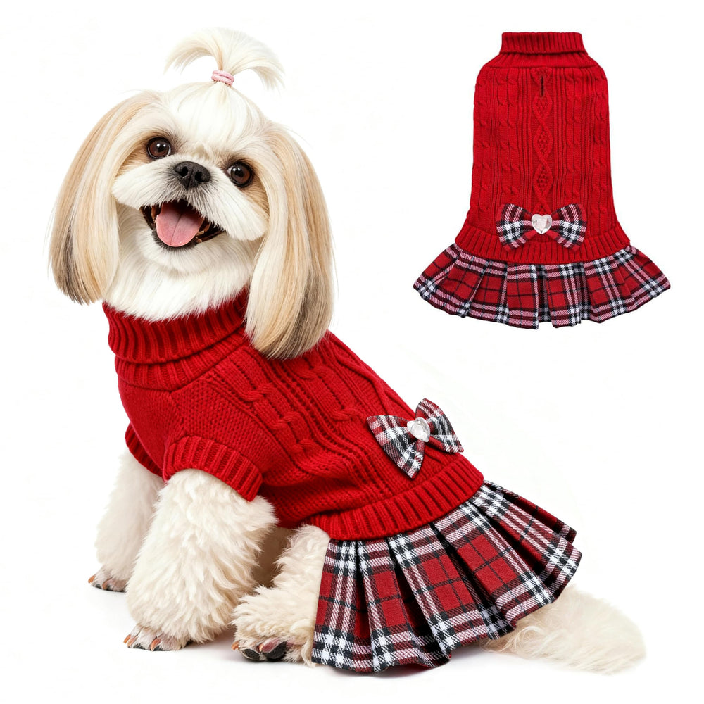 YUDODO small dog sweater dress with bowtie front view offers cozy warmth for winter walks.