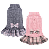 YUDODO sweater dress with bowtie front view for small dogs, cozy knit warmth.