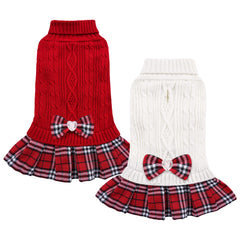 YUDODO two-pack dog sweater dress with bowtie in red and white for chilly walks