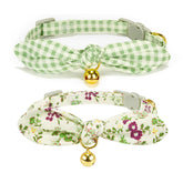 YUDOTE Bowtie Cat Collar floral green strap closeup, soft cotton comfort.