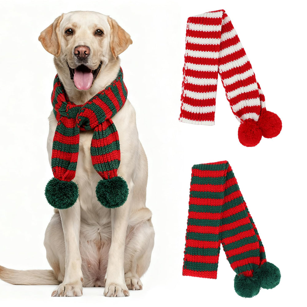 YUEPET striped knitted dog scarf with red and green pom-poms for warmth
