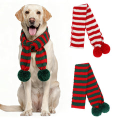 YUEPET striped knitted dog scarf with red and green pom-poms for warmth