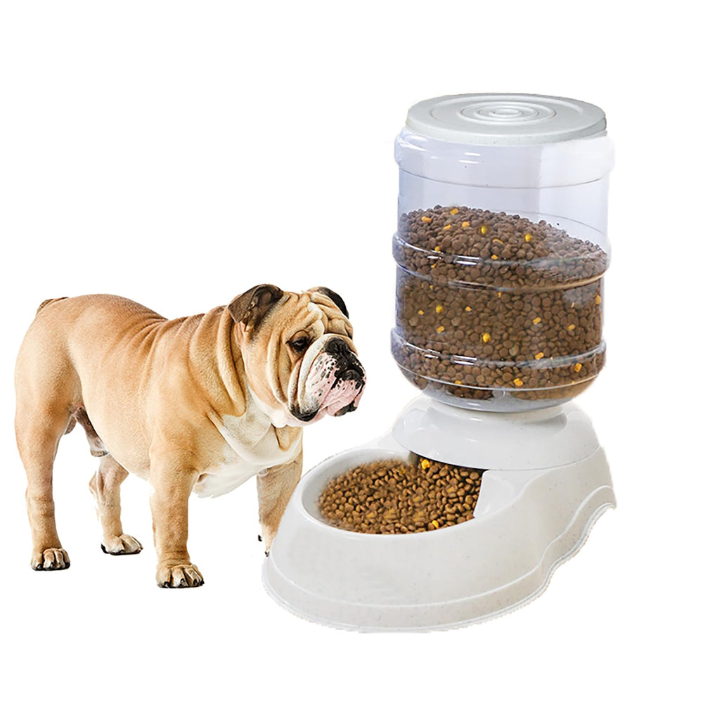 Yuiopy Automatic Dog Feeder Station front view shows steady gravity feeding for large dogs during busy days.