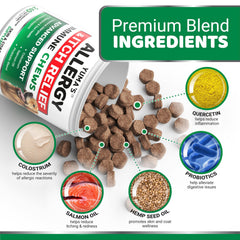 YUMA'S Dog Allergy Relief Chews bottle on shelf suggests convenient 240-treat supply