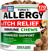 YUMA'S Dog Allergy Relief Chews bottle showcases 170 treats for itchy skin support.