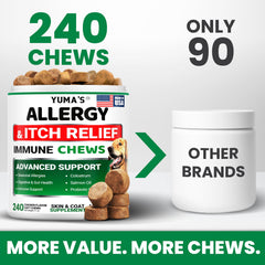 YUMA'S Dog Allergy Relief Chews ingredients panel highlighting omega-3 fish oil and vitamins for skin health