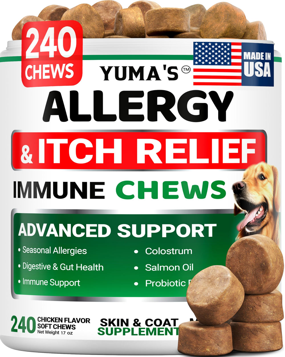 YUMA'S Dog Allergy Relief Chews packaging showcasing immune support for dogs