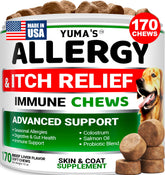 YUMA'S Dog Allergy Relief Chews packaging shows 170 beef liver flavored treats for itch relief.