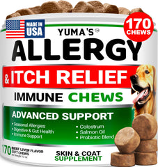 YUMA'S Dog Allergy Relief Chews packaging shows 170 beef liver flavored treats for itch relief.