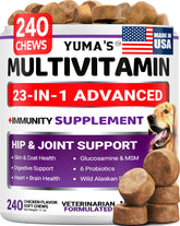 YUMA'S Dog Multivitamin bottle closeup highlighting joint-support vitamins.