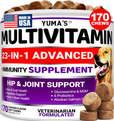 YUMA'S dog multivitamin chewables front bottle for overall canine wellness.
