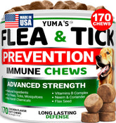 Packaging for YUMA'S flea tick chews shows daily protection for dogs of all breeds.