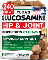 YUMA'S Glucosamine Dogs 240 chews bottle supports joint comfort for daily activity.