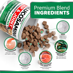 YUMA'S glucosamine-chondroitin dog chews promoting flexible movement through senior and puppy stages.