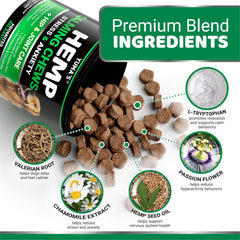 YUMA'S Hemp Calming Chews ingredients close-up focusing on calming botanicals.