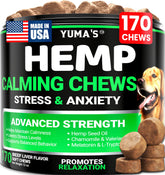 YUMA'S Hemp Calming Chews packaging shows 170 beef-flavored treats for calmer dogs.