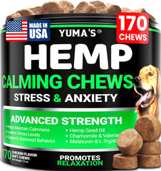 YUMA'S Hemp Calming Chews packaging shown for stress relief during storms.