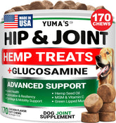 YUMA'S hemp hip and joint supplement bottle demonstrates mobility support for dogs.