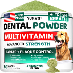 Polvo dental YUMA'S para perros, aliento fresco para días tranquilos.