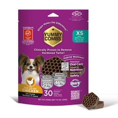 Yummy Combs pack shot shows 30-count box for small dogs promoting tartar removal