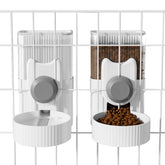 Yummy Sam hanging-cage dispenser front view shows gravity feeder for tidy feeding.